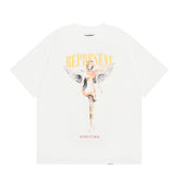 Represent Retro Watercolor Angel Front Print Vertical Gold Letter Back Logo Boxy Fit Loose Short Sleeve Top Men Women Street Fashion