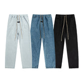 Essentials Men’s Washed Denim Jeans Elastic Waist Drawstring Loose Straight Trousers