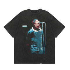 Represent Liam Gallagher Live Concert Portrait Double Sided Vintage Washed Black Oversized Heavy Cotton Crew Neck T-Shirt Oasis Rock Band Unisex Streetwear Tee