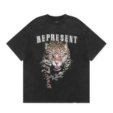 Represent Retro Wildlife Leopard Portrait Print Distressed Black Crew Neck Boxy Fit Casual Short Sleeve Top