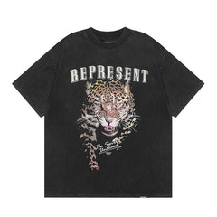 Represent Retro Wildlife Leopard Portrait Print Distressed Black Crew Neck Boxy Fit Casual Short Sleeve Top