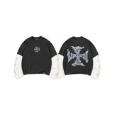 Represent Buster Vintage Washed Fake Two-Piece Long Sleeve T-Shirt Gothic Skeleton Letter Print Oversized Loose High Street Layered Tee for Men