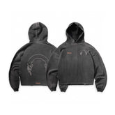 Represent Buster Vintage Washed Scroll Ribbon Outline Print Oversized Hoodie Distressed Faded Black Heavyweight Pullover Streetwear Sweatshirt for Men