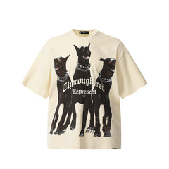Represent Gothic Font Doberman Print Heavy Cotton Loose Fit Short Sleeve T-Shirt Black & Cream White