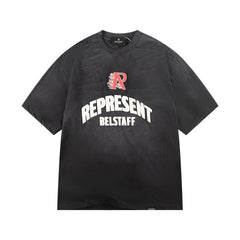 REPRESENT Vintage Washed Black Phoenix Graphic T-Shirt BELSTAFF ENGLAND Letter Print Heavyweight Oversized Retro Streetwear Tee