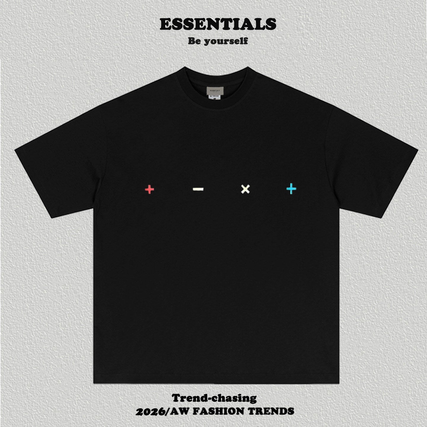 Essentials Plus Minus Multicolor Symbol Print Heavyweight Cotton Boxy Loose Fit Casual Tee