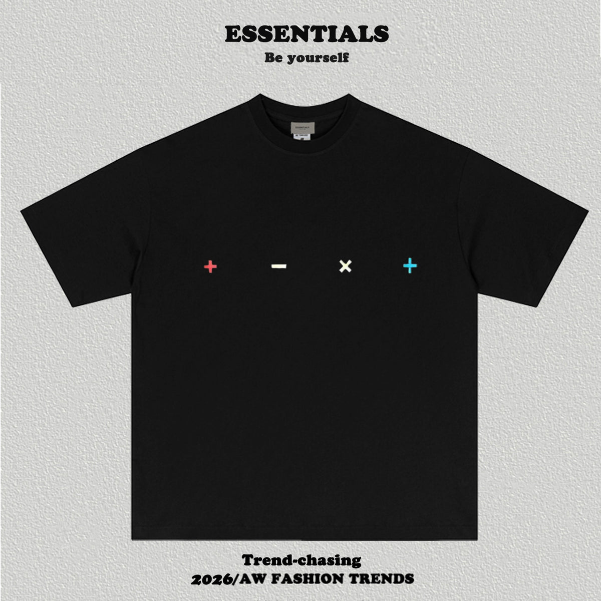 Essentials Plus Minus Multicolor Symbol Print Heavyweight Cotton Boxy Loose Fit Casual Tee
