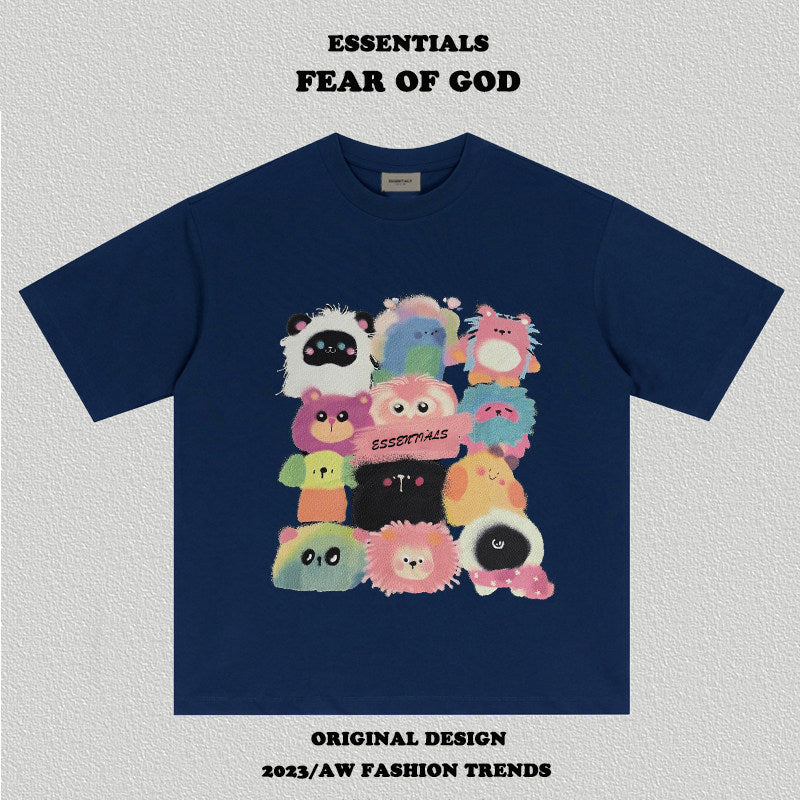Essentials Cute Cartoon Animal Graphic Oversized Crew Neck T‑Shirt Multiple Colors