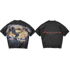 Represent Vintage Washed Black Bald Eagle Mountain Landscape Graphic T-Shirt Represent Dream On Back Script Print Heavyweight Oversized Streetwear Tee