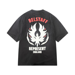 REPRESENT Vintage Washed Black Phoenix Graphic T-Shirt BELSTAFF  ENGLAND Letter Print Heavyweight Oversized Retro Streetwear Tee