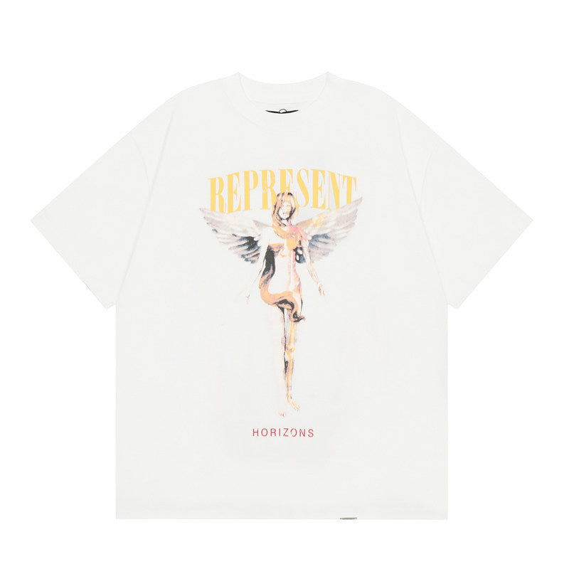 Represent Retro Watercolor Angel Front Print Vertical Gold Letter Back Logo Boxy Fit Loose Short Sleeve Top Men Women Street Fashion