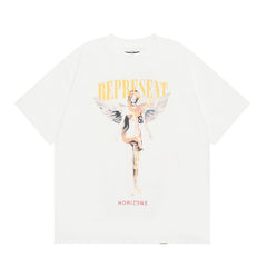 Represent Retro Watercolor Angel Front Print Vertical Gold Letter Back Logo Boxy Fit Loose Short Sleeve Top Men Women Street Fashion