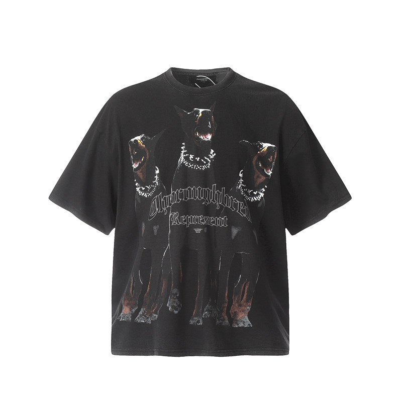 Represent Gothic Font Doberman Print Heavy Cotton Loose Fit Short Sleeve T-Shirt Black & Cream White