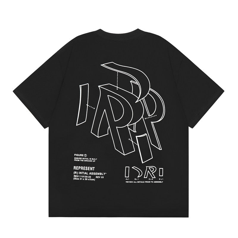 Represent Technical Sketch Line Art R Monogram Front Chest Small Print Back Large Blueprint Graphic Boxy Fit Loose Short Sleeve Top Men Women