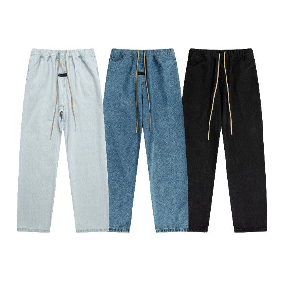 Essentials Men’s Washed Denim Jeans Elastic Waist Drawstring Loose Straight Trousers