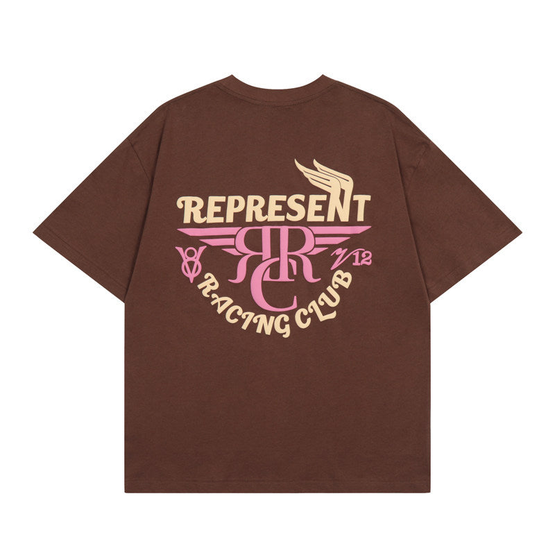 Represent Retro Motor Racing Club Chest Mini Graphic Back Large Wing Letter Print Loose Boxy Crew Neck Short Sleeve Top