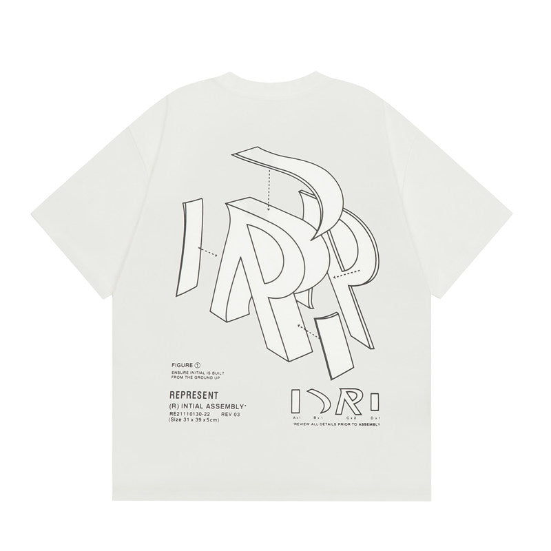 Represent Technical Sketch Line Art R Monogram Front Chest Small Print Back Large Blueprint Graphic Boxy Fit Loose Short Sleeve Top Men Women