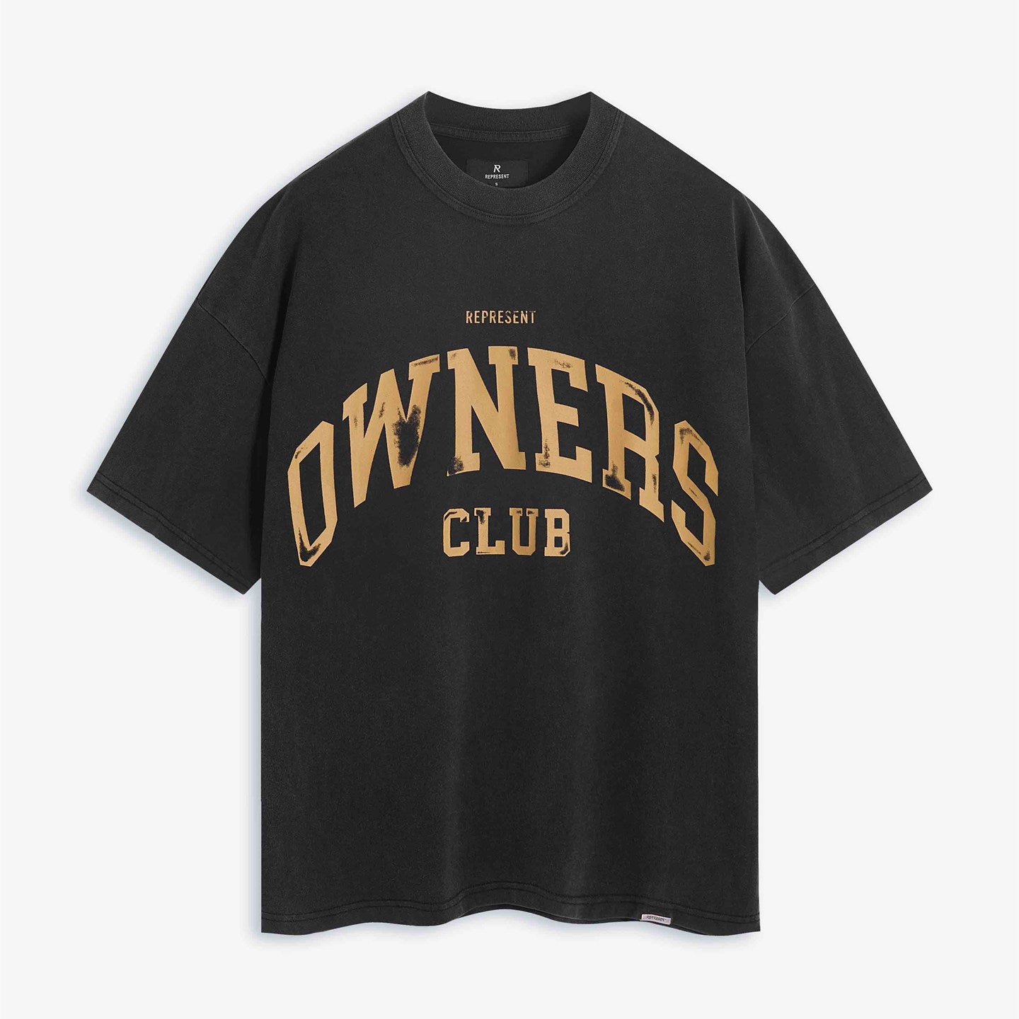 Represent Vintage Washed Black Owners Club Arch Golden Distressed Letter T-Shirt Heavyweight Oversized American College Retro Streetwear Tee