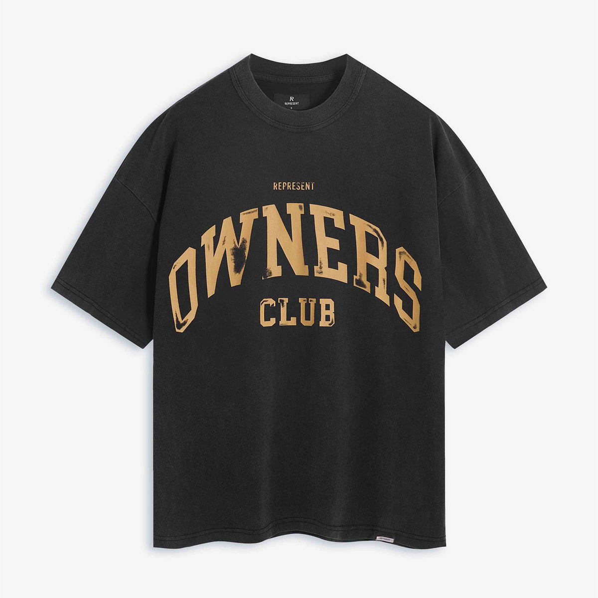 Represent Vintage Washed Black Owners Club Arch Golden Distressed Letter T-Shirt Heavyweight Oversized American College Retro Streetwear Tee