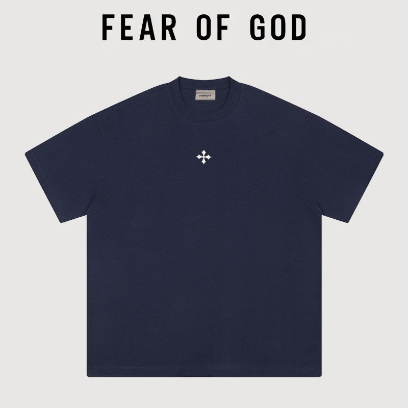 Essentials Small Chest Cross Embroidery Heavy‑Weight Cotton Crew Neck Tee 4 Colors