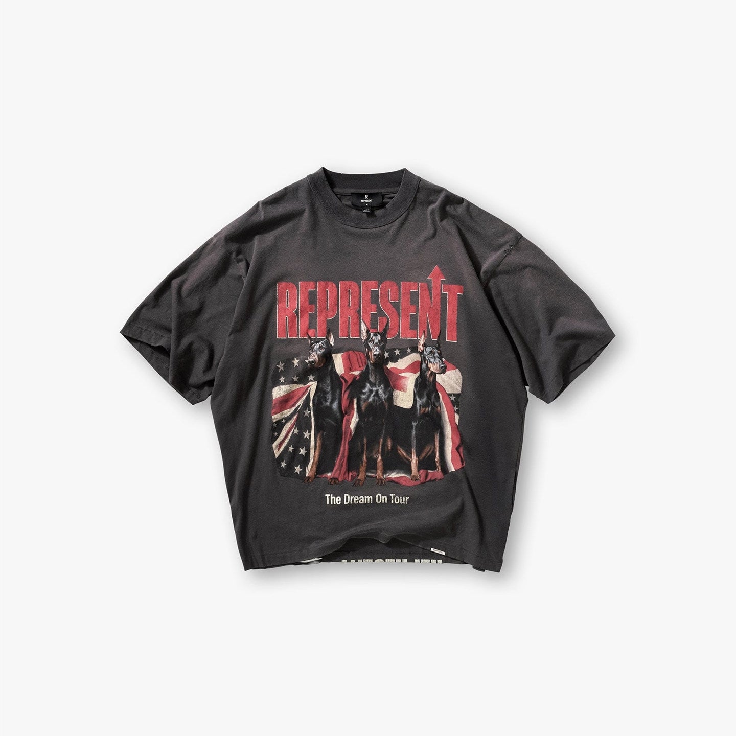 Represent Vintage Washed Black Doberman American Flag Graphic T-Shirt Represent The Dream On Tour Retro Oversized Heavy Cotton Streetwear Tee