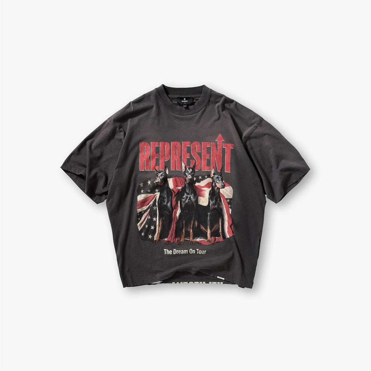 Represent Vintage Washed Black Doberman American Flag Graphic T-Shirt Represent The Dream On Tour Retro Oversized Heavy Cotton Streetwear Tee