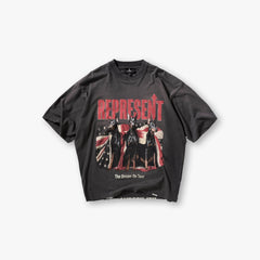Represent Vintage Washed Black Doberman American Flag Graphic T-Shirt Represent The Dream On Tour Retro Oversized Heavy Cotton Streetwear Tee