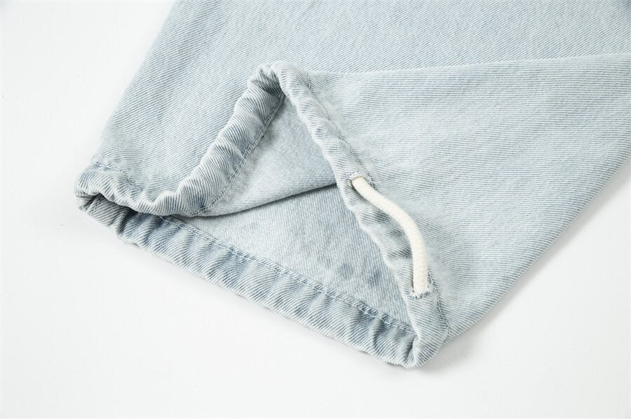 Essentials Men’s Washed Denim Jeans Elastic Waist Drawstring Loose Straight Trousers