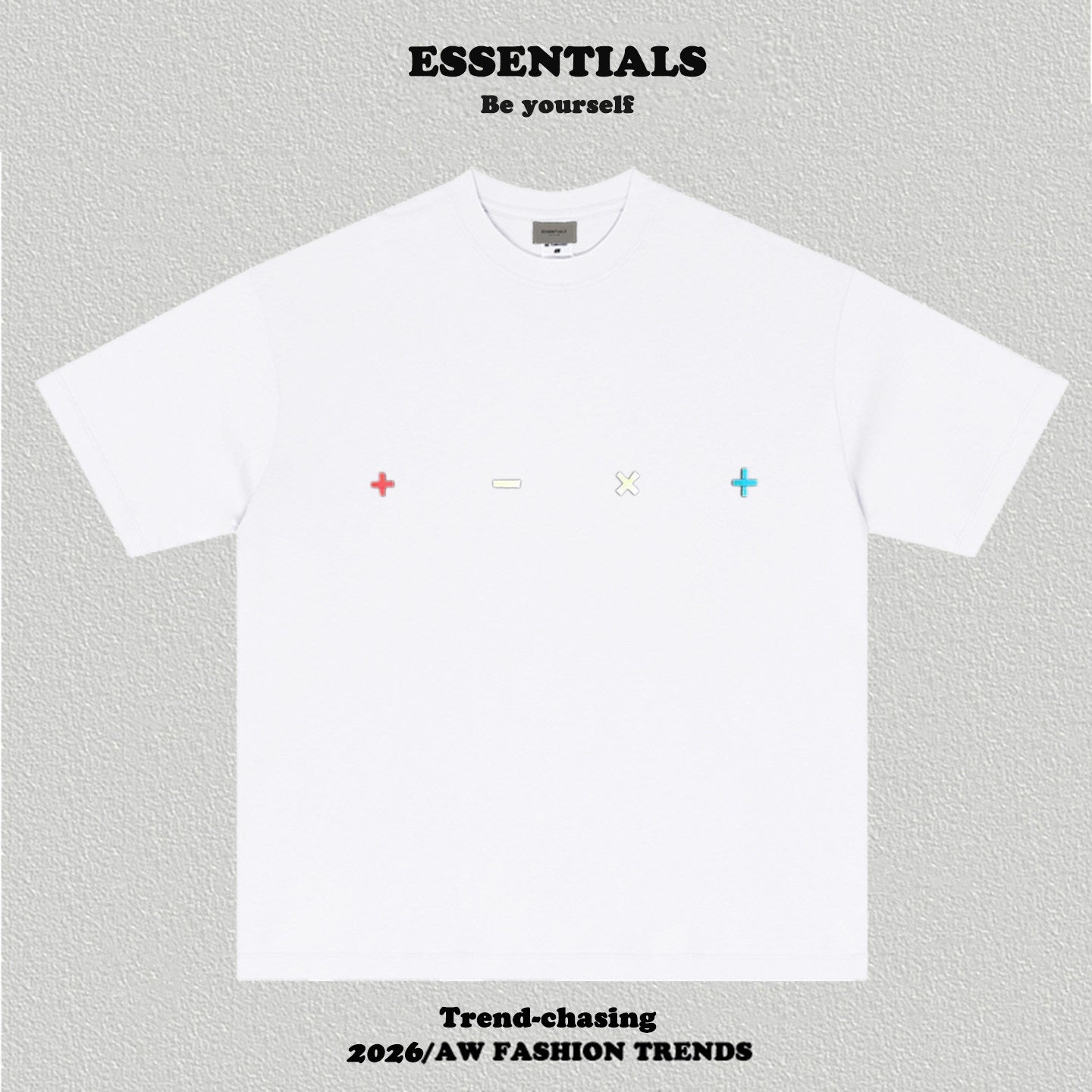 Essentials Plus Minus Multicolor Symbol Print Heavyweight Cotton Boxy Loose Fit Casual Tee