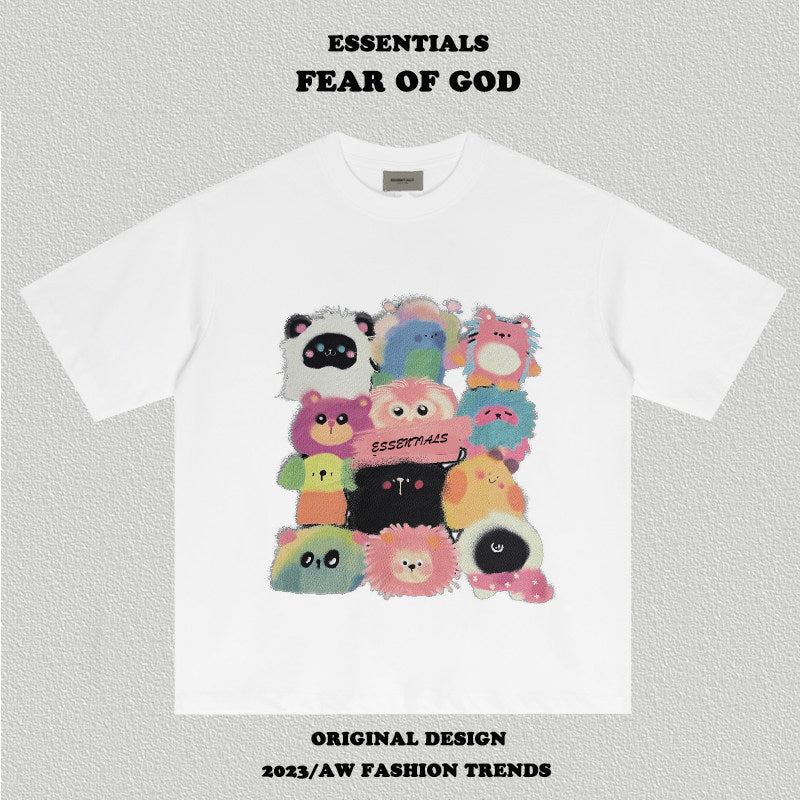 Essentials Cute Cartoon Animal Graphic Oversized Crew Neck T‑Shirt Multiple Colors