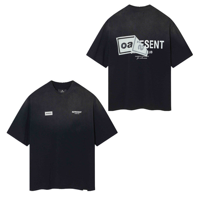 Represent Vintage Washed Black Oasis Co-Branded Split Sticker Letter Graphic T-Shirt Double Sided Print Heavyweight Oversized British Rock Streetwear Tee