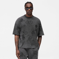 Represent Buster Vintage Tattoo Full Print Distressed Washed T-Shirt Angel Skull Car Sketch All Over Print Oversized High Street Short Sleeve Tee Men