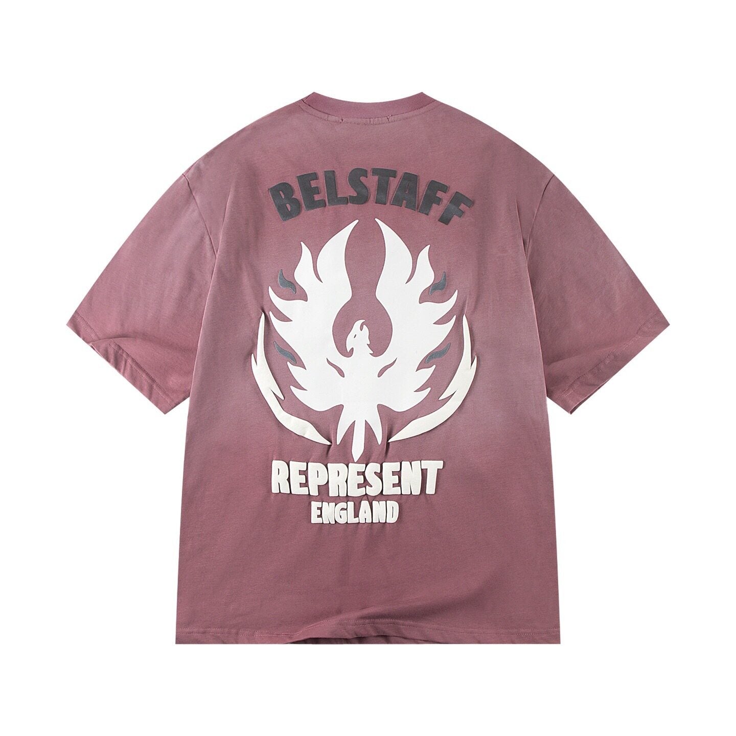 REPRESENT  Vintage Washed Burgundy Phoenix Graphic T-Shirt BELSTAFF ENGLAND Back Print Heavyweight Oversized British Streetwear Tee
