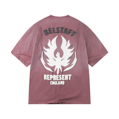 REPRESENT  Vintage Washed Burgundy Phoenix Graphic T-Shirt BELSTAFF ENGLAND Back Print Heavyweight Oversized British Streetwear Tee