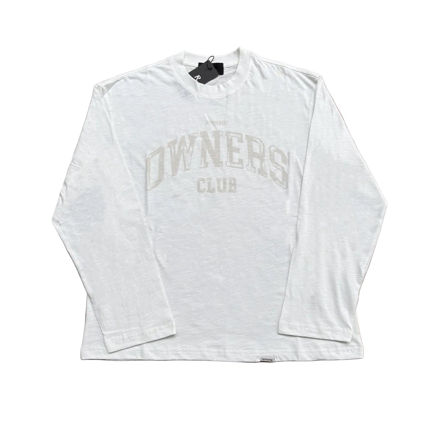 Represent Owners Club Vintage Bamboo Cotton Long Sleeve Tee Washed Off White Faded Arch Varsity Letter Oversized Loose Casual Streetwear Top