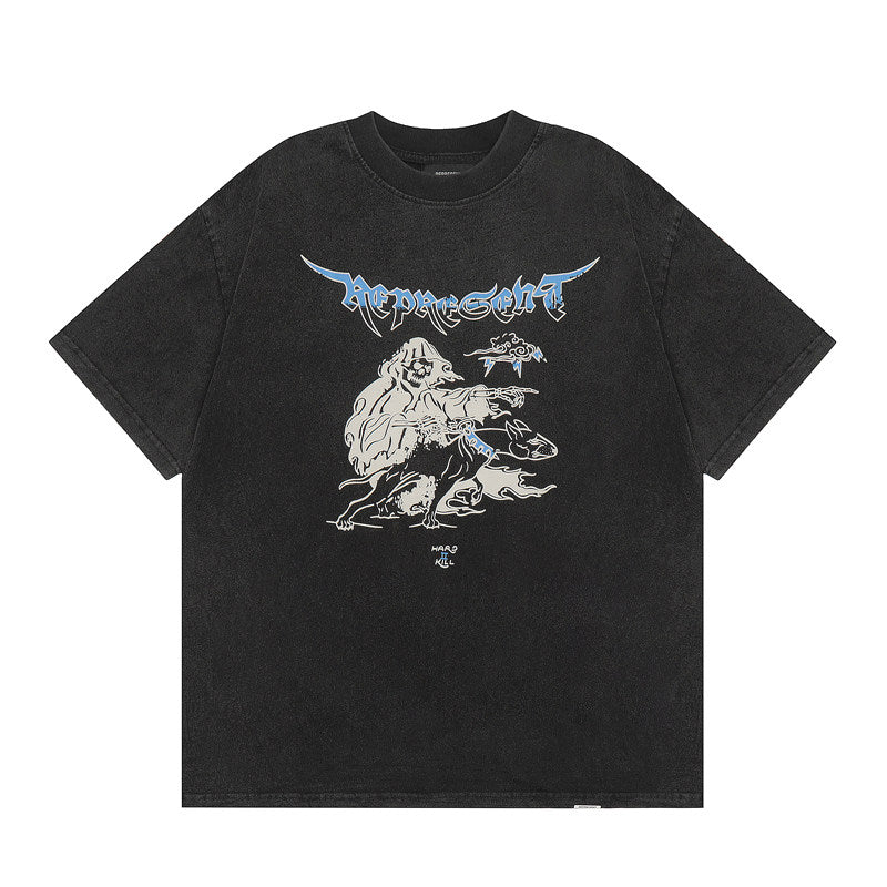 Represent Dark Gothic Skull Reaper Graphic Heavy Cotton Crew Neck Distressed Black Street Top for Men Women
