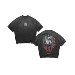 Represent Vintage Washed Black NFL Flame Shield Graphic T-Shirt Represent Double Sided Print Heavyweight Oversized Retro Sports Streetwear Tee