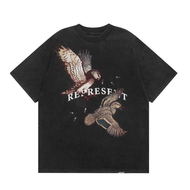 Represent Bird Graphic Oversized Heavy‑Weight Crew Neck T‑Shirt Unisex Streetwear Tee Vintage Washed Black & Off‑White Two Colors