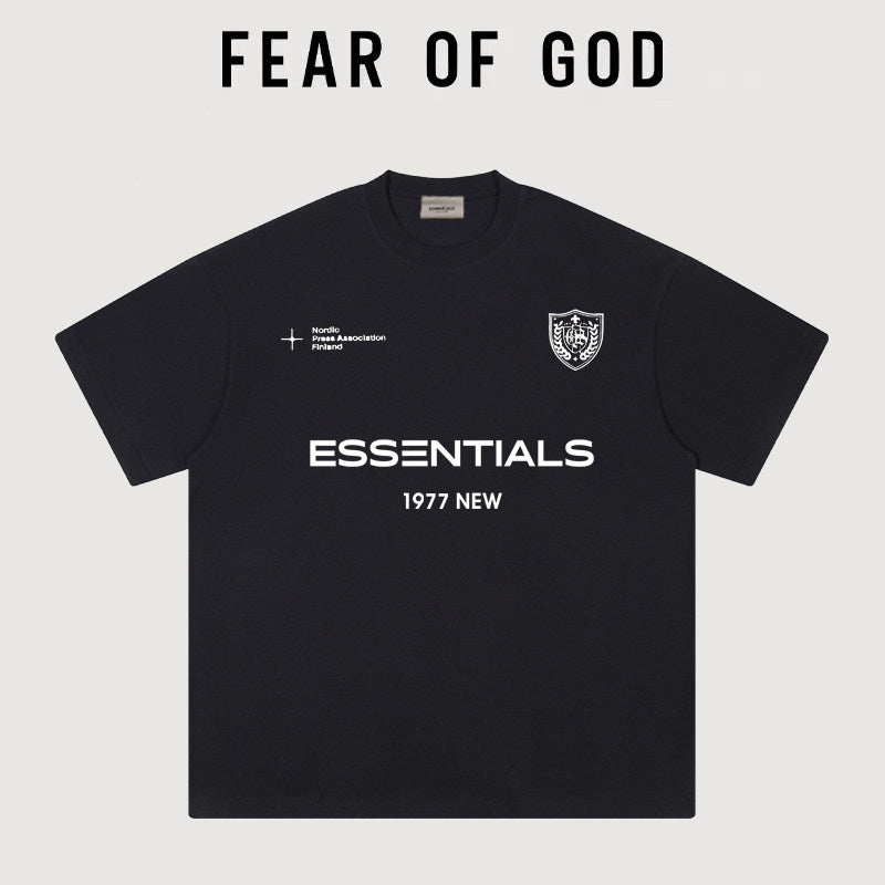 Essentials 1977 Shield Badge Multi‑Print Boxy Fit Heavy Cotton Streetwear Tee