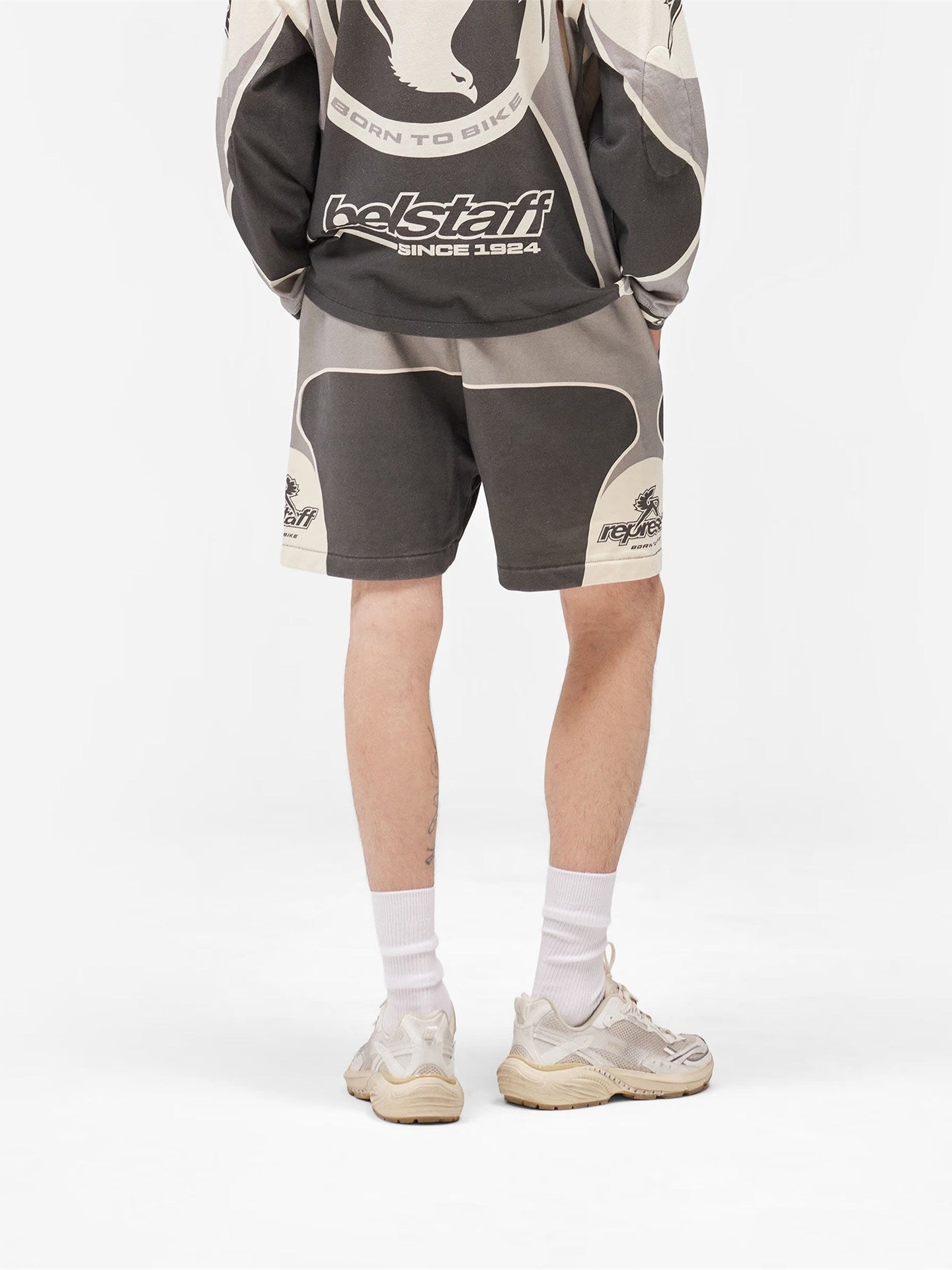 Represent Buster x Belstaff Collab Color Block Printed French Terry Sweat Shorts Vintage Streetwear Knee-Length Sports Shorts for Men Summer