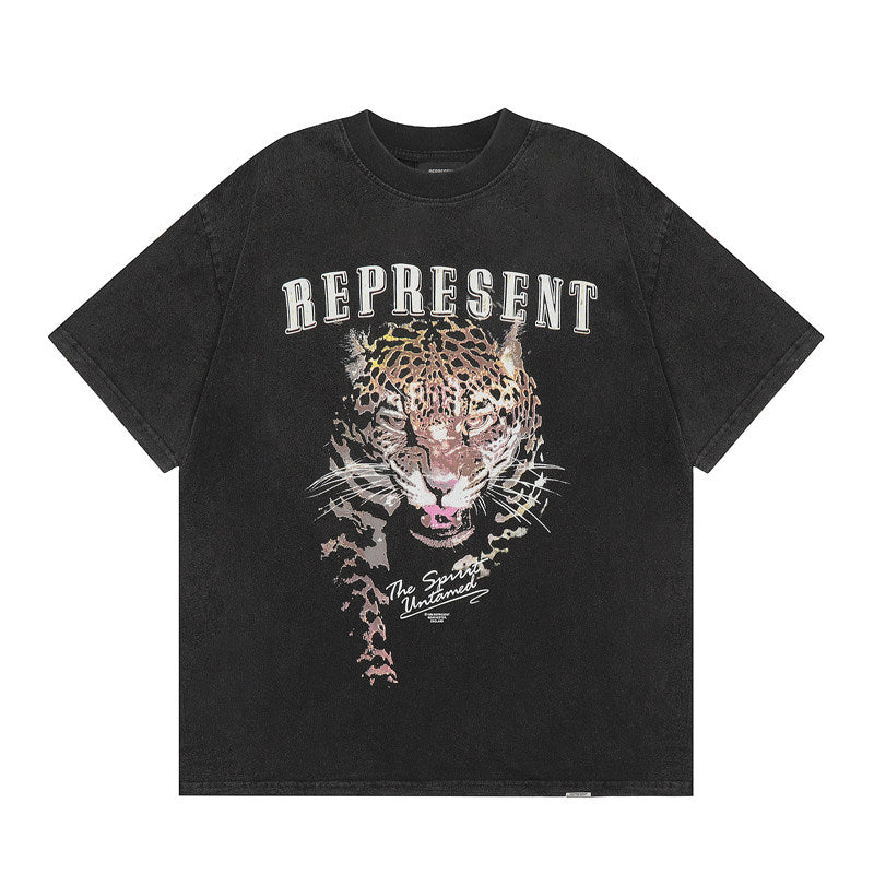 Represent Retro Wildlife Leopard Portrait Print Distressed Black Crew Neck Boxy Fit Casual Short Sleeve Top