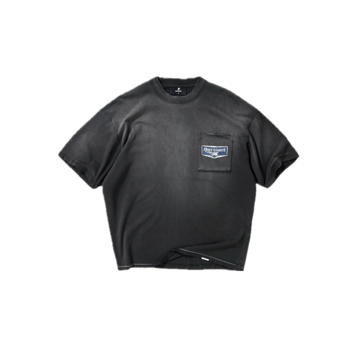 Represent Vintage Pigment Washed Faded Black Chest Pocket Blue Woven Label Logo T-Shirt Heavyweight Oversized Retro Workwear Streetwear Tee