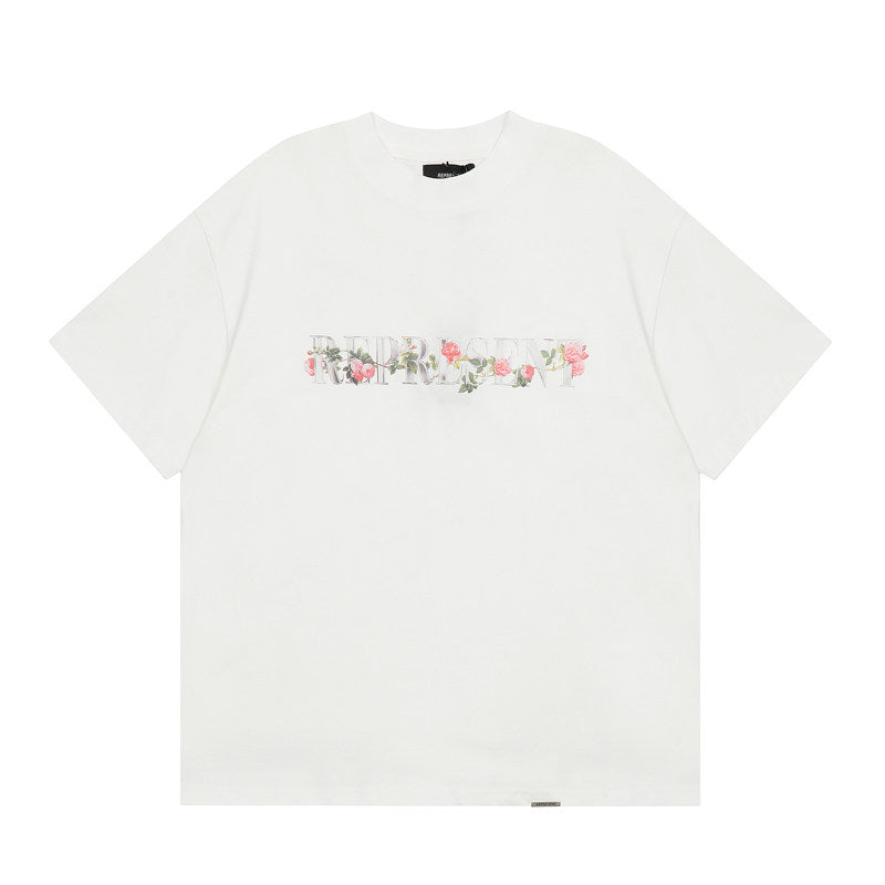 Represent Rose Flower Letter Front Back Graphic Heavy Cotton Crew Neck Short Sleeve Casual Street Top