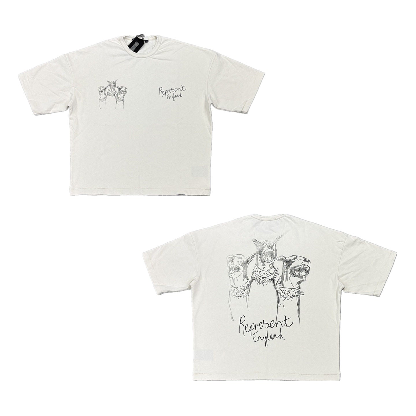 Represent Vintage Washed Off White Three Doberman Sketch Graphic T-Shirt  England Handwriting Double Sided Print Heavyweight Oversized Streetwear Tee