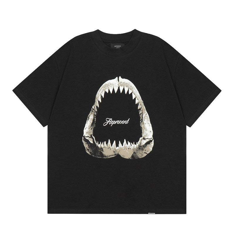 Represent Retro Distressed Shark Mouth Fossil Print Crew Neck Boxy Fit Casual Short Sleeve Top for Men & Women