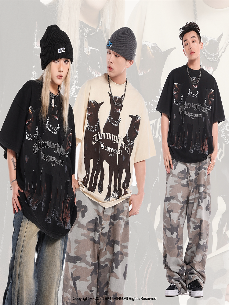 Represent Gothic Font Doberman Print Heavy Cotton Loose Fit Short Sleeve T-Shirt Black & Cream White