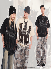 Represent Gothic Font Doberman Print Heavy Cotton Loose Fit Short Sleeve T-Shirt Black & Cream White