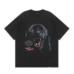 Represent Born To Roar Tiger Portrait Print Heavy Weight Washed Black Crew Neck T-shirt Loose Fit Casual Top