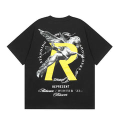 Represent Standing On The Shoulders Giant Yellow R Logo Winged Sculpture Graphic Boxy Fit Crew Neck Short Sleeve Casual Street Top Men Women