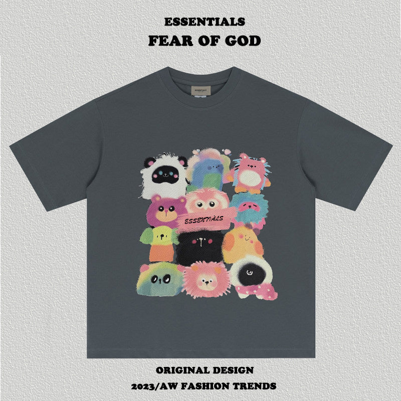 Essentials Cute Cartoon Animal Graphic Oversized Crew Neck T‑Shirt Multiple Colors